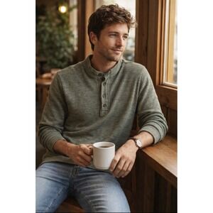 Marine Layer Men's 1/4 Button Long Sleeve Green Henley Large. Warm Comfort Soft